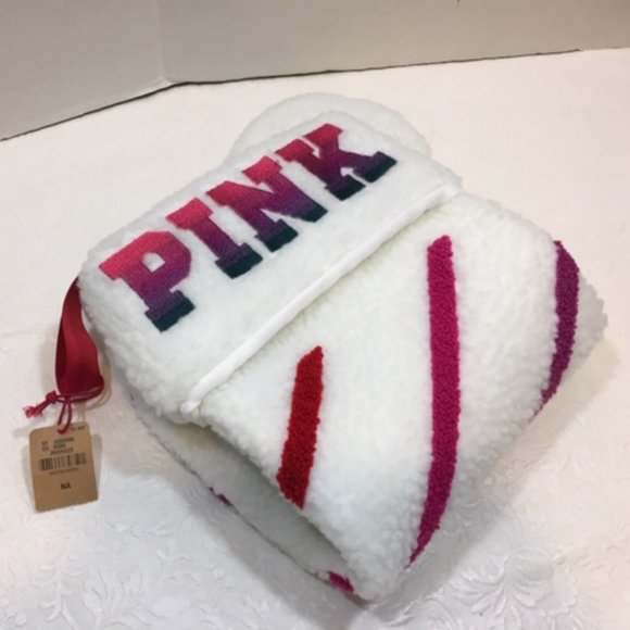 Victoria’s Secret Pink Christmas Stocking Fuzzy Fur White w/Multicolored Stripes - Picture 6 of 6